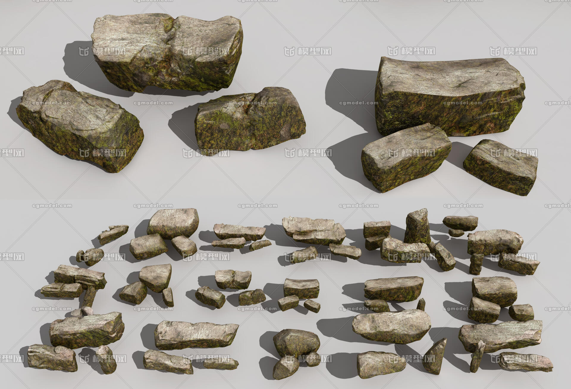 高精度石头,苔藓植物,苔藓石头,石块_草寄卖作品_石头植物石头_cg模型