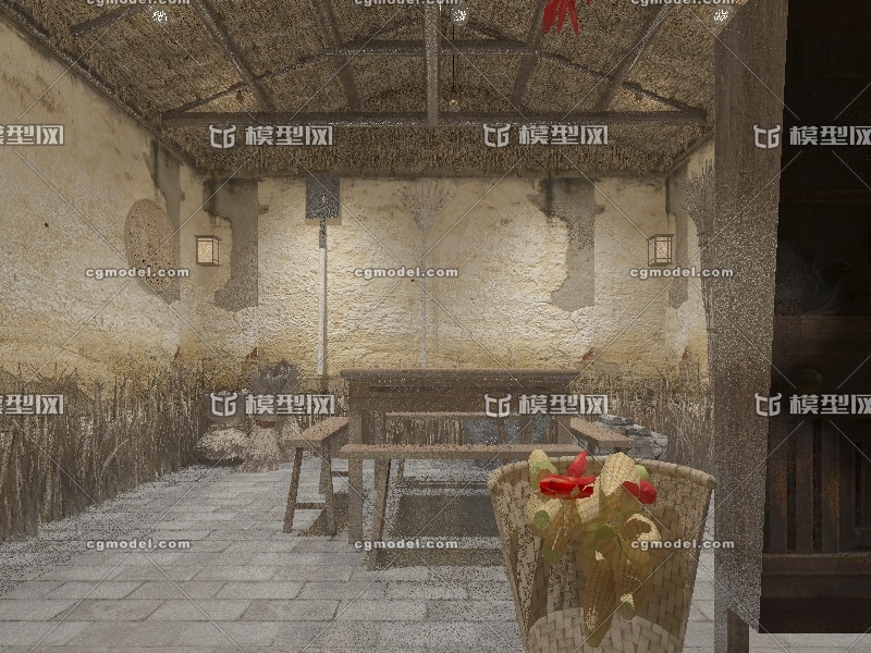 中式农村乡村老式茅屋破旧木屋