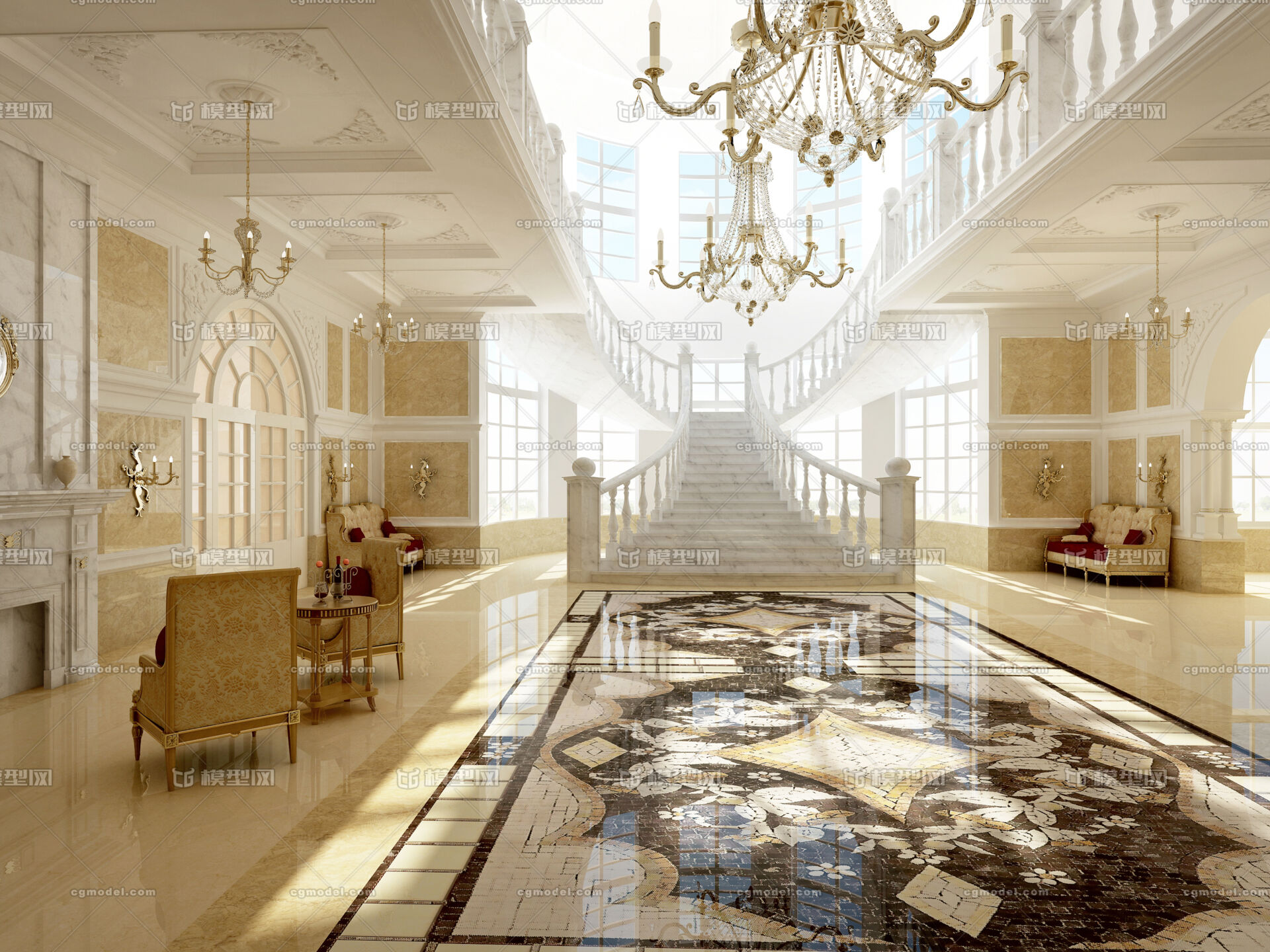 欧式室内大厅。欧式大堂。模型-现代场景模型库-3ds Max(.max)模型下载-cg模型网