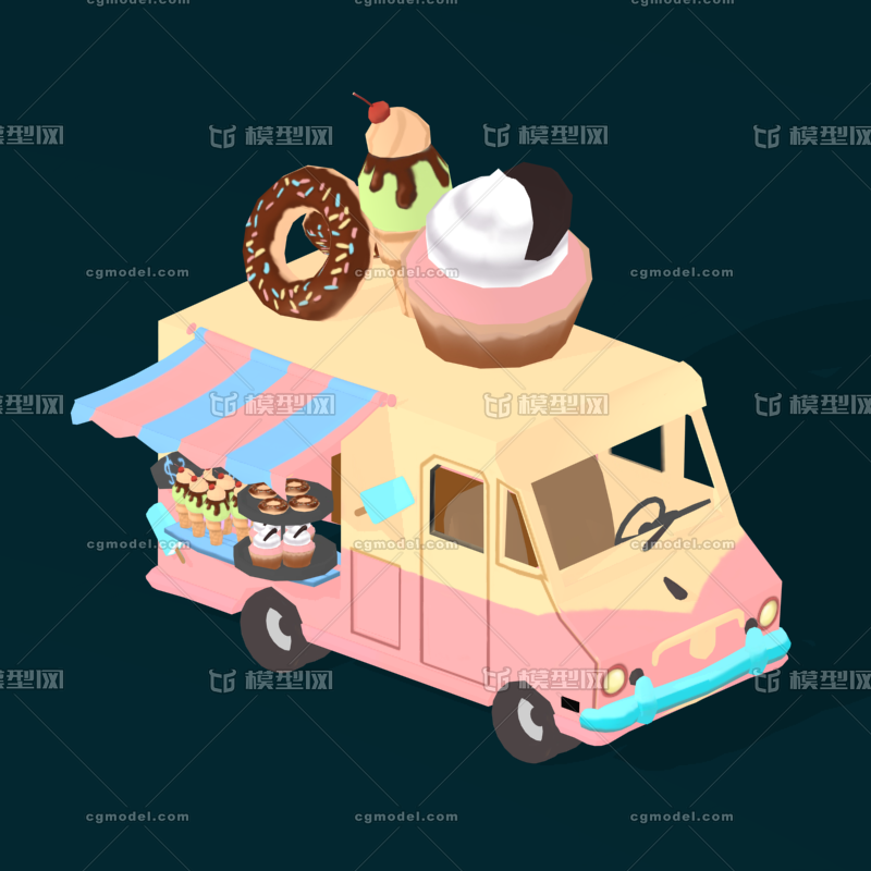 甜品轻食冰淇淋冷饮车卡通手绘模型