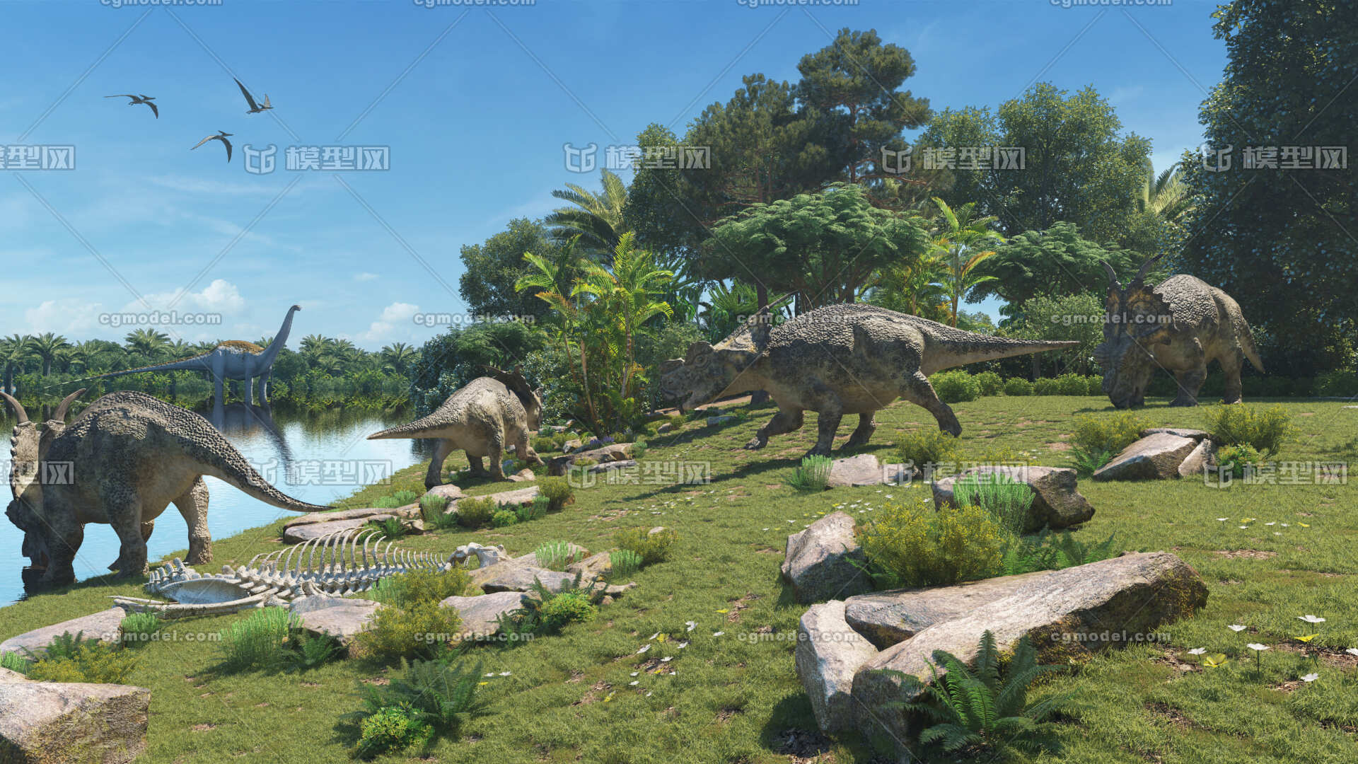 侏罗纪场景 白垩纪 三叠纪 侏罗纪公园 恐龙场景 恐龙世界 河边森林