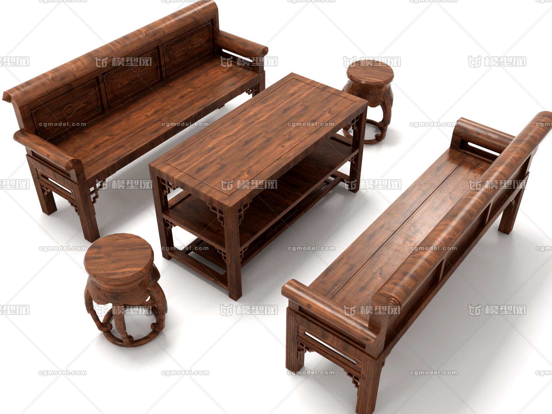 中式复古实木家具组合_六个萝卜作品_家具桌椅_cg模型网