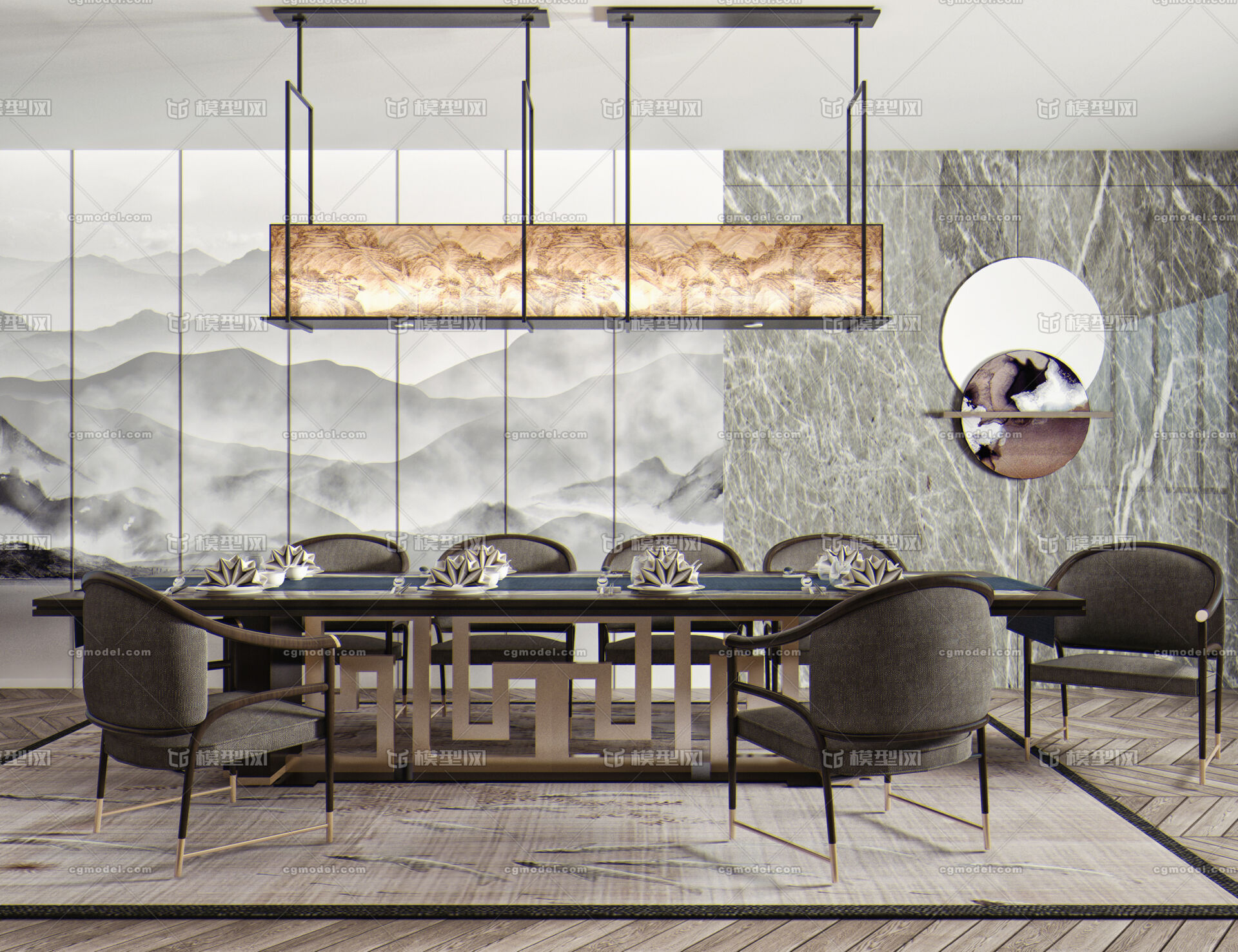 新中式餐桌椅吊灯组合 长条餐桌模型-桌椅模型库-3ds Max(.max)模型下载-cg模型网