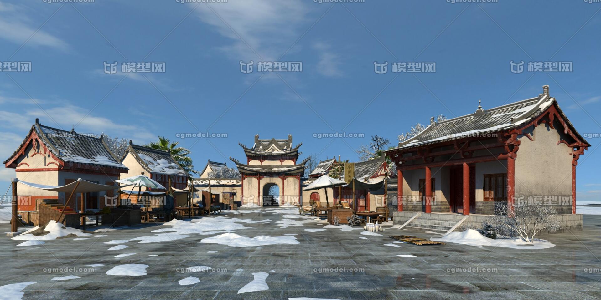 超精細 古代雪景街道 小品豐富_w519643104作品_場景古代場景_cg模型