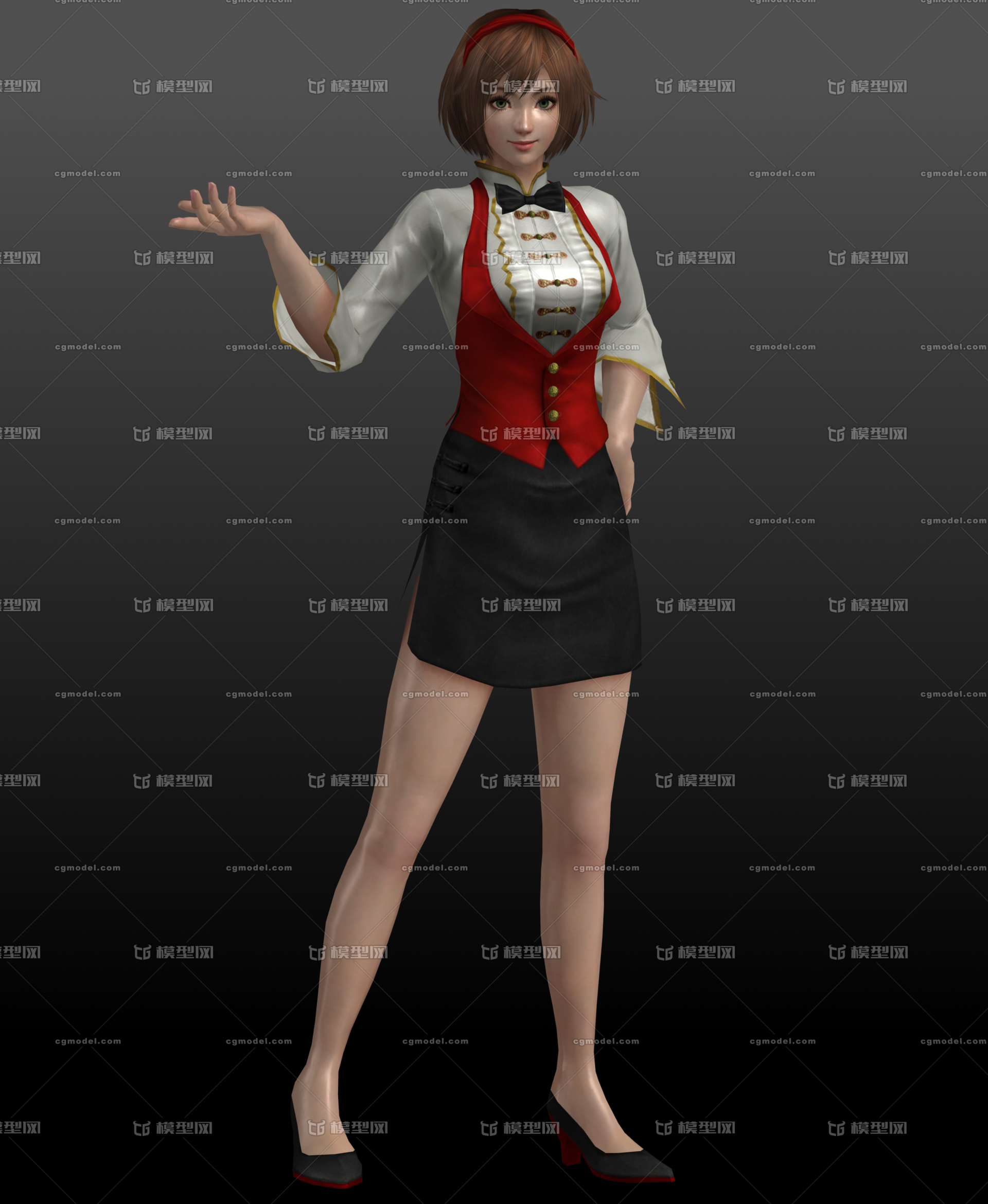 现代卡通短发可爱的美女酒保模型 带骨骼蒙皮