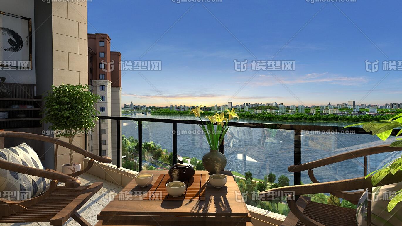 观景阳台 看湖别墅模型-现代场景模型库-3ds Max(.max)模型下载-cg模型网