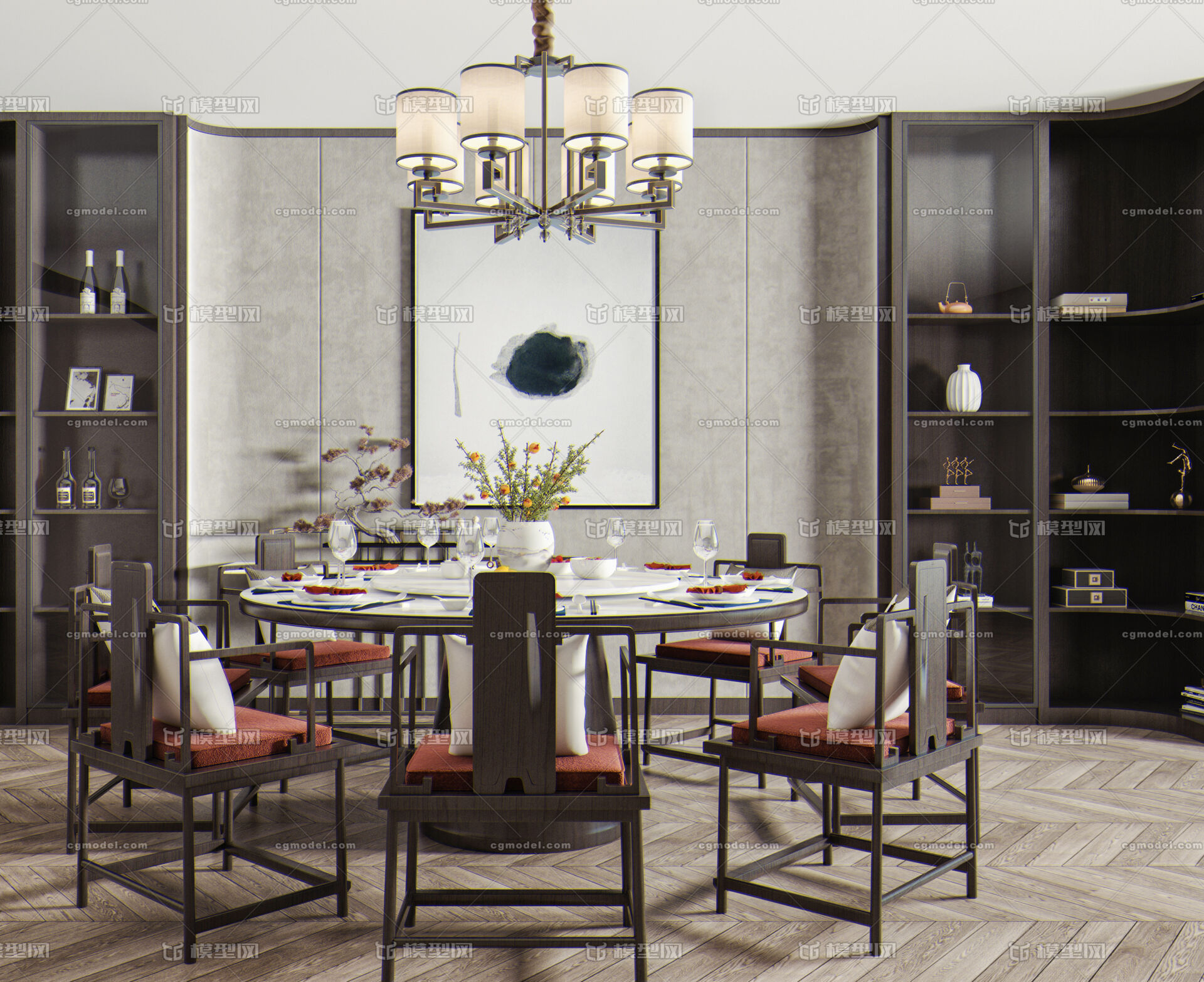 新中式餐桌椅组合 中式餐桌模型-桌椅模型库-3ds Max(.max)模型下载-cg模型网
