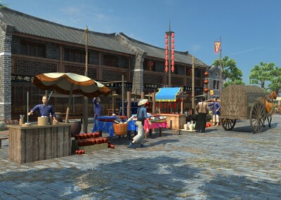 写实古代摊铺市场场景,古人,地摊,商铺,马车,古建筑,古代商业街,古典