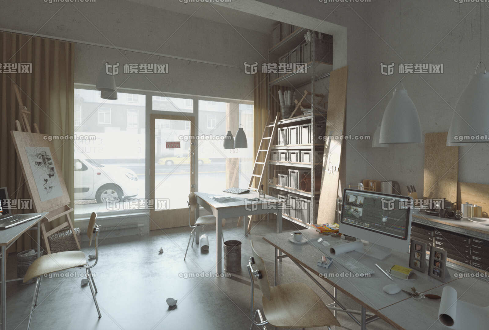 c4d设计工作室 办公室 室内 画室模型-现代场景模型库-cinema 4d(.