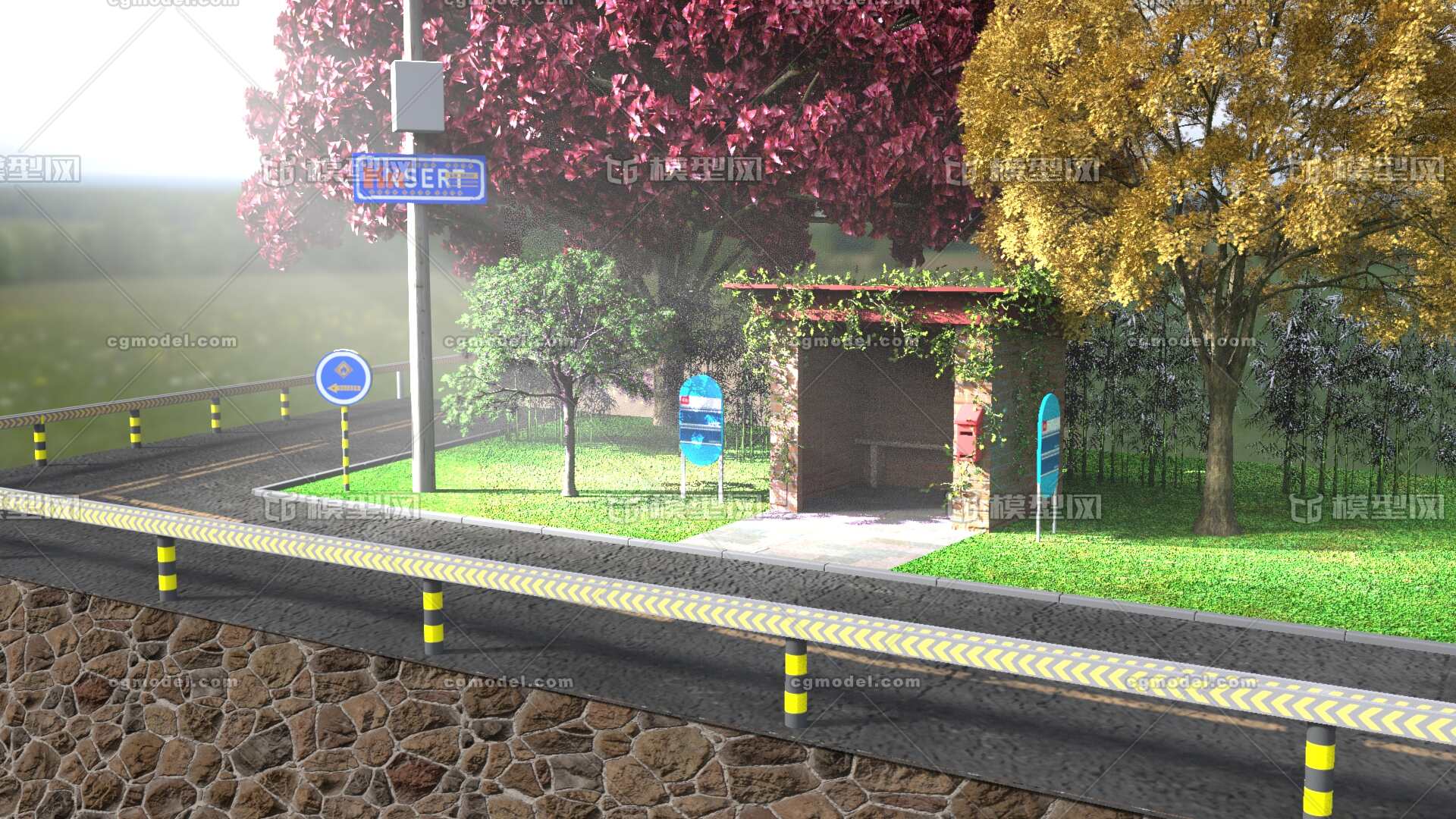 maya制作的马路拐角一景,阿诺德渲染器渲染模型-现代场景模型库-maya