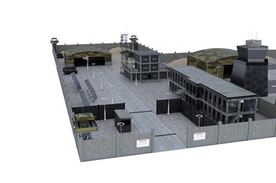 精细写实军事基地模型 包含坦克 哨楼 主建筑 战斗机 卫星 等