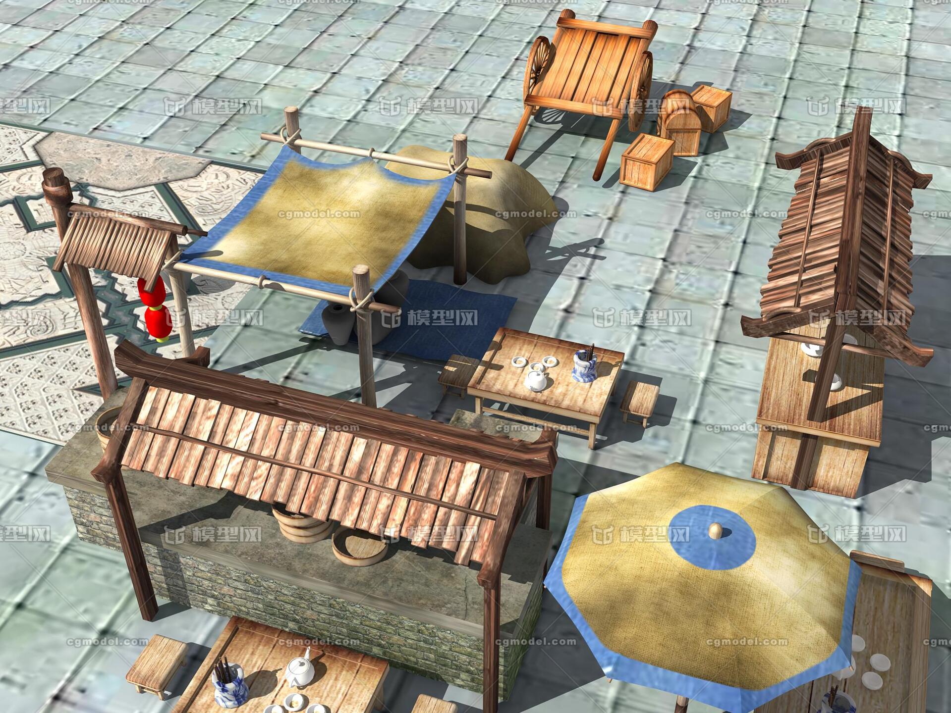摊位 小吃摊 路边摊_王泓淼作品_场景古代场景_cg模型网