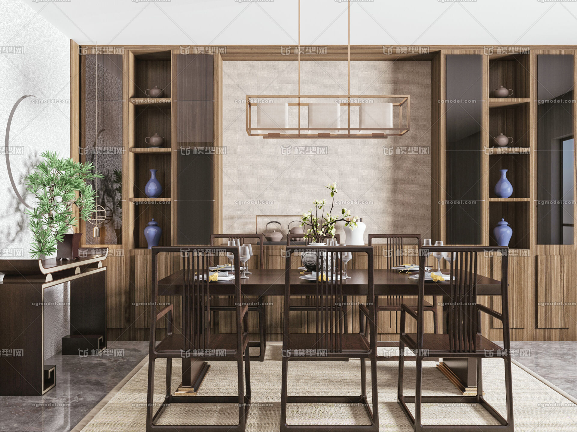 新中式餐桌椅吊灯组合 中式餐桌 餐椅 中_tww作品_家具桌椅家具桌椅_cg模型网