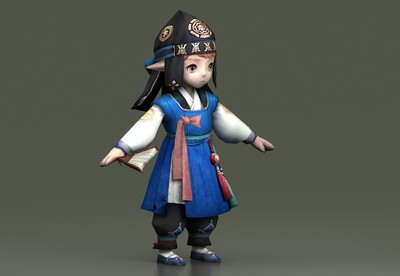 q版卡通手绘小孩 韩服小男孩 可爱韩国小孩 卡通蓝色传统服 韩国书生