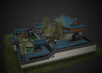 pbr 院落 民居 别业别院 精致墙院 二进院落 池塘 水池 房子 民房