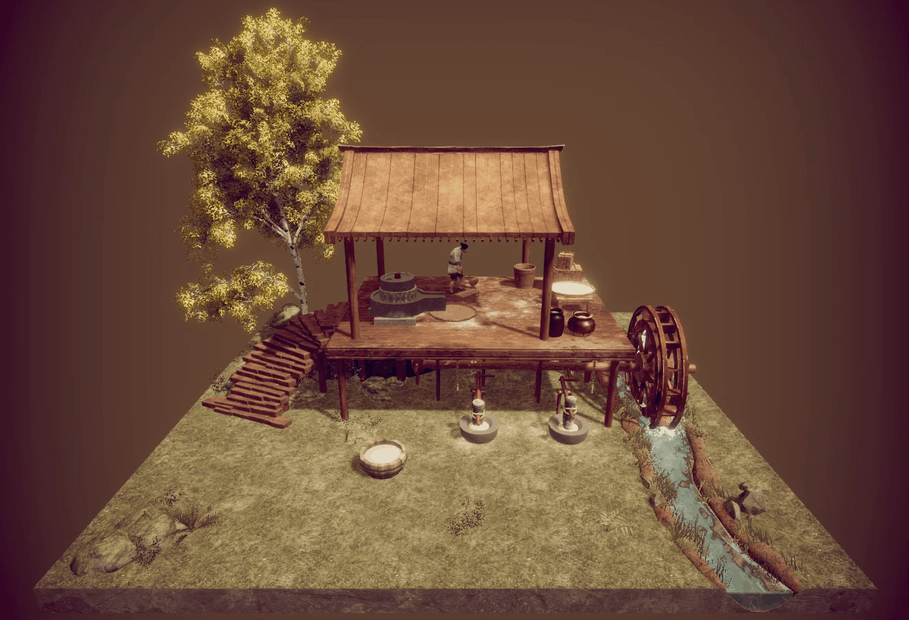 水碓磨运行演示 unity packag_cg丿无脸男作品_场景古代场景_cg模型网