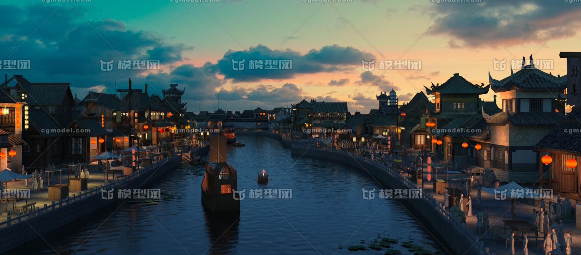 古代古镇集市 古建筑群 水街 江南水乡 小镇 商业街 古镇商业贸易集市