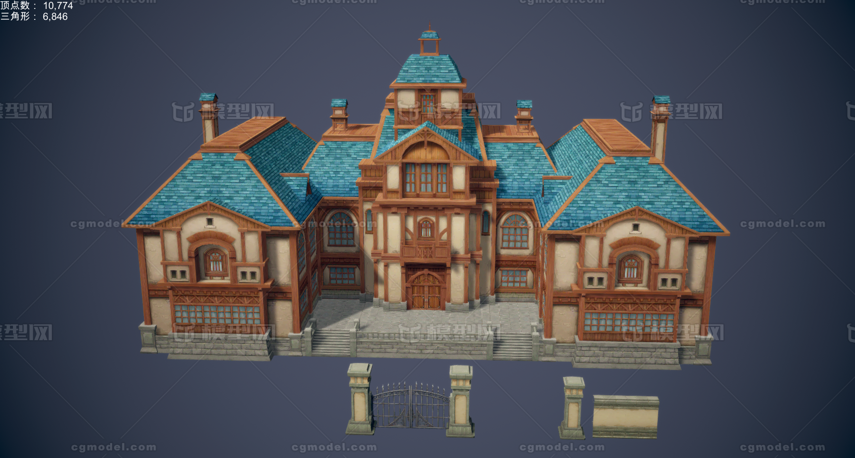 庄园 别墅 卡通 手绘纹理 地主大院 欧美风格 魔幻 民居 围墙 大门