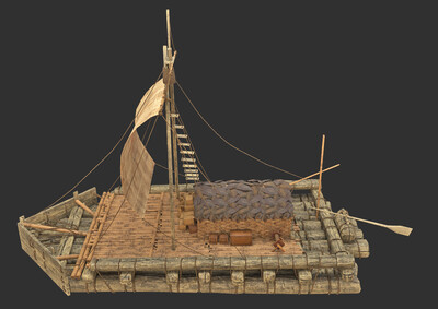 pbr次世代 竹筏 木船 木筏 草船 简陋木船 渔船 古代船 漂流船 帆船