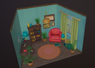 手绘 q版 可爱 书房 卡通 房间 室内场景 沙发 书架 盆景 落地灯 欧式