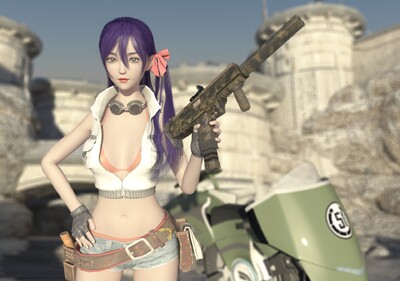 美少女布玛 含骨骼蒙皮 单轮科幻未来摩托 被遗弃的沙漠基地场景 性感