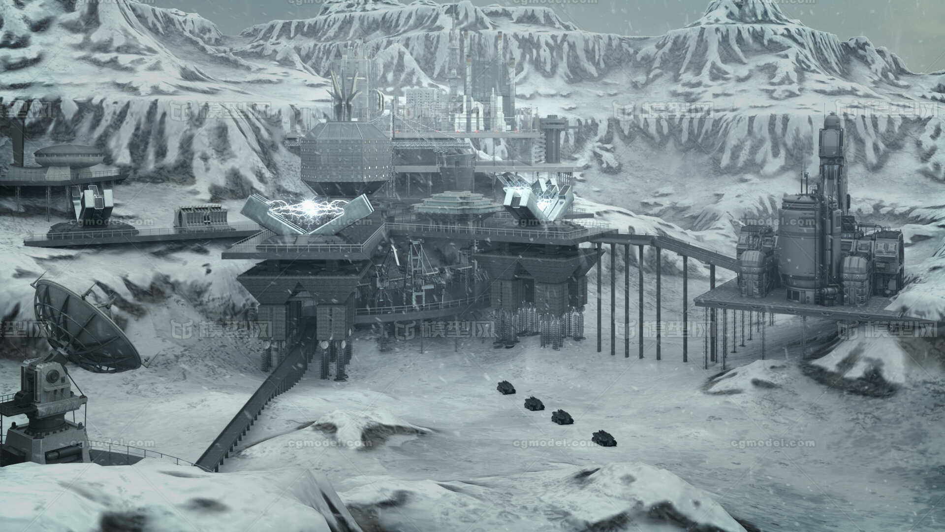 c4d科幻场景 秘密军事基地 军工 工业 山脉 山地 雪山 地形