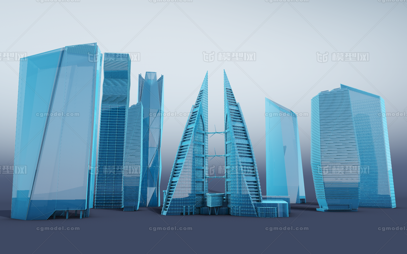 一组科技感的大楼,科技大楼,现代科技楼房,cbd科技大楼,蓝色科幻大楼
