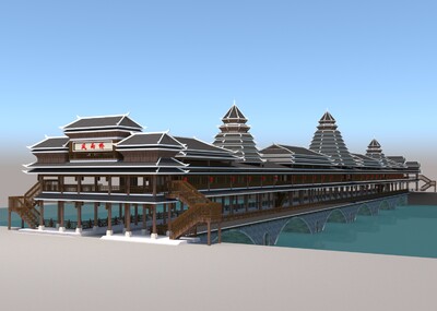 中式仿古建筑大桥拱桥 风雨廊桥 桥梁 地方特色桥风雨连廊.