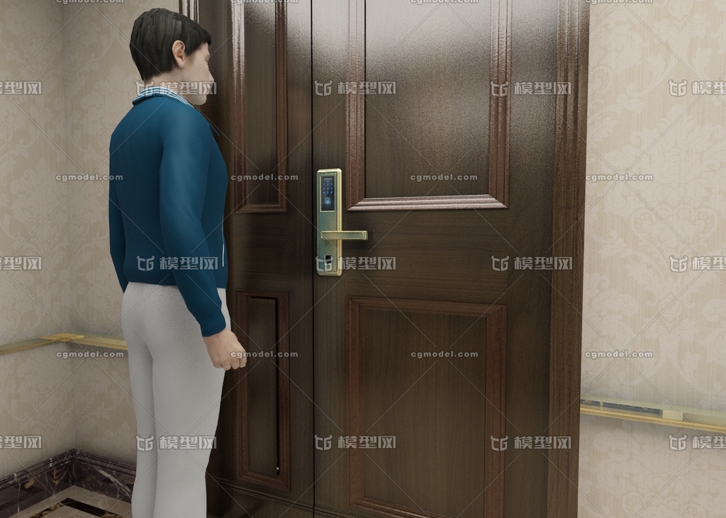 写实指纹锁开门动画场景,指纹锁,密码锁,开门动画,人物,室内,建筑动画