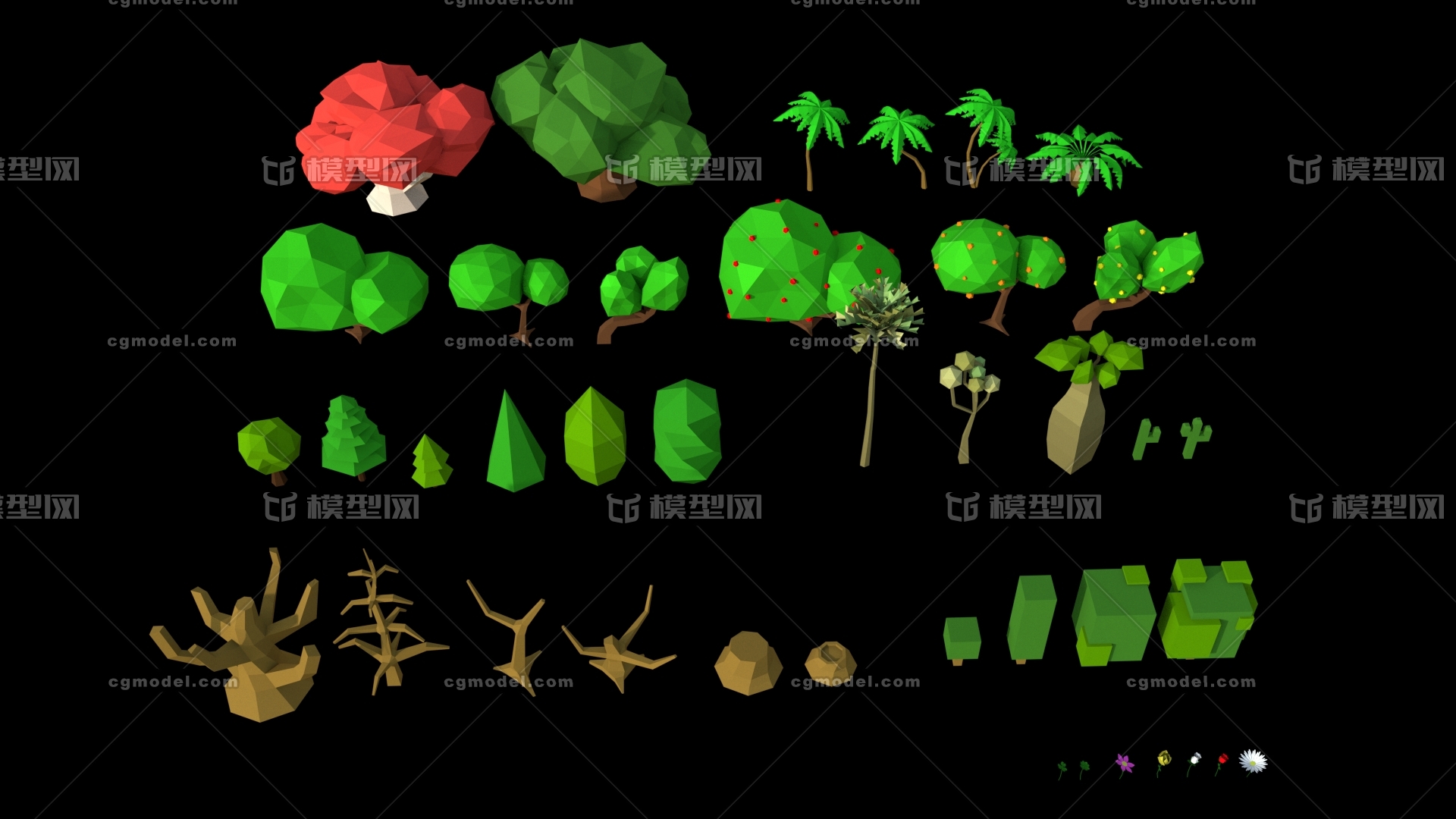 lowpoly 超低模 卡通 树木 植物 组合 共计40种 随意组合适合 游戏