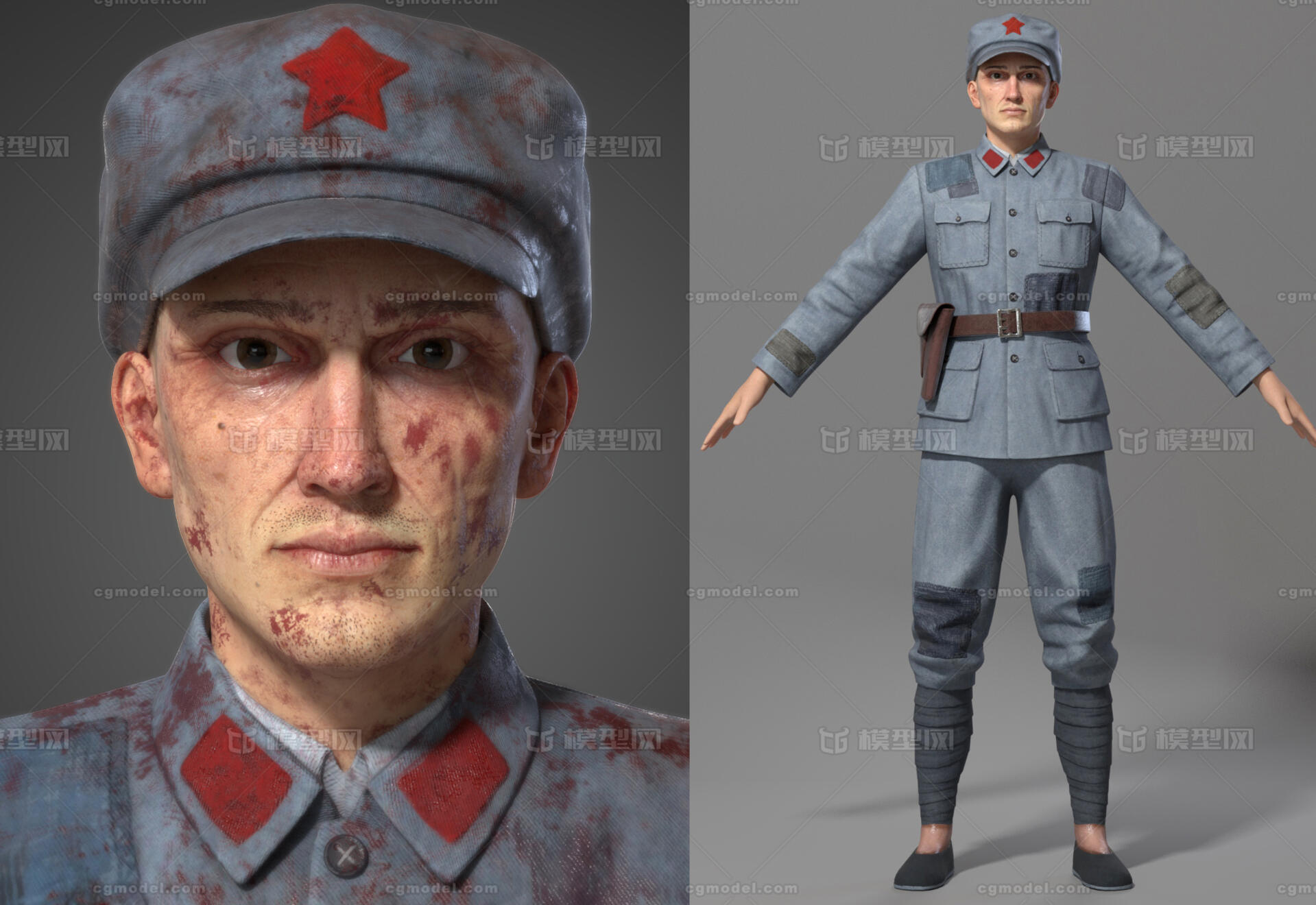 老红军军官 中年八路军 补丁血迹衣服服装 解放军 士兵 军人模型 男人