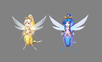 卡通 美人鱼(变色)娜迦 鱼妖 金色人鱼公主 透明翅膀 女妖