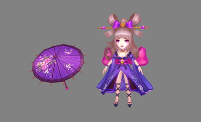 卡通 紫衣服女孩 舞女 歌姬 油纸伞 折伞 雨伞 小女孩 小姑娘 中式