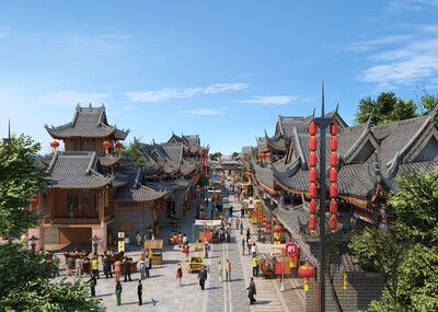 古代商业街步行街古建集市古建新农村市场场景人流动画古镇