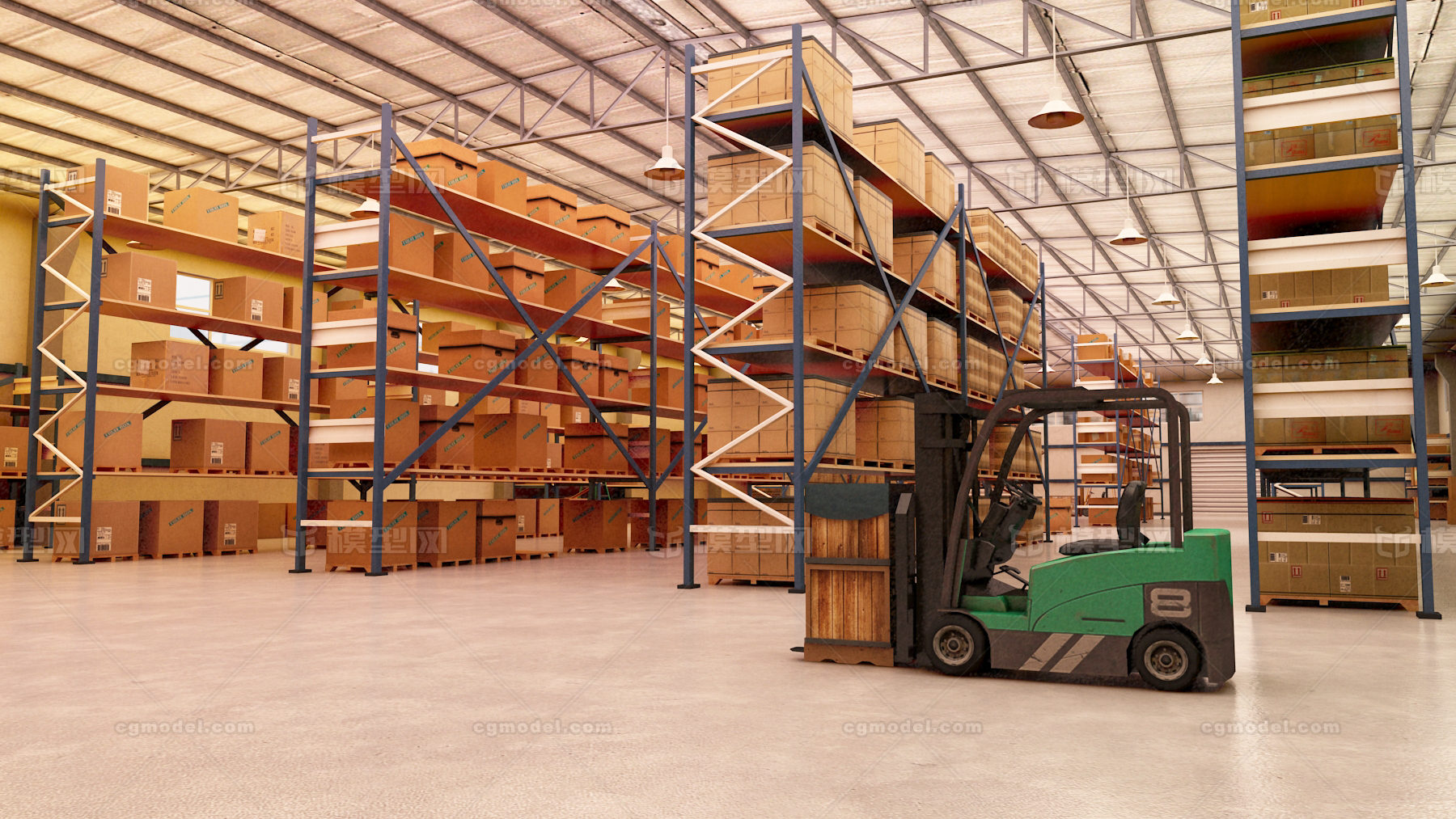 写实的工厂物流仓库 货物 厂房 叉车 纸箱 货架 低聚模型 贴图齐全