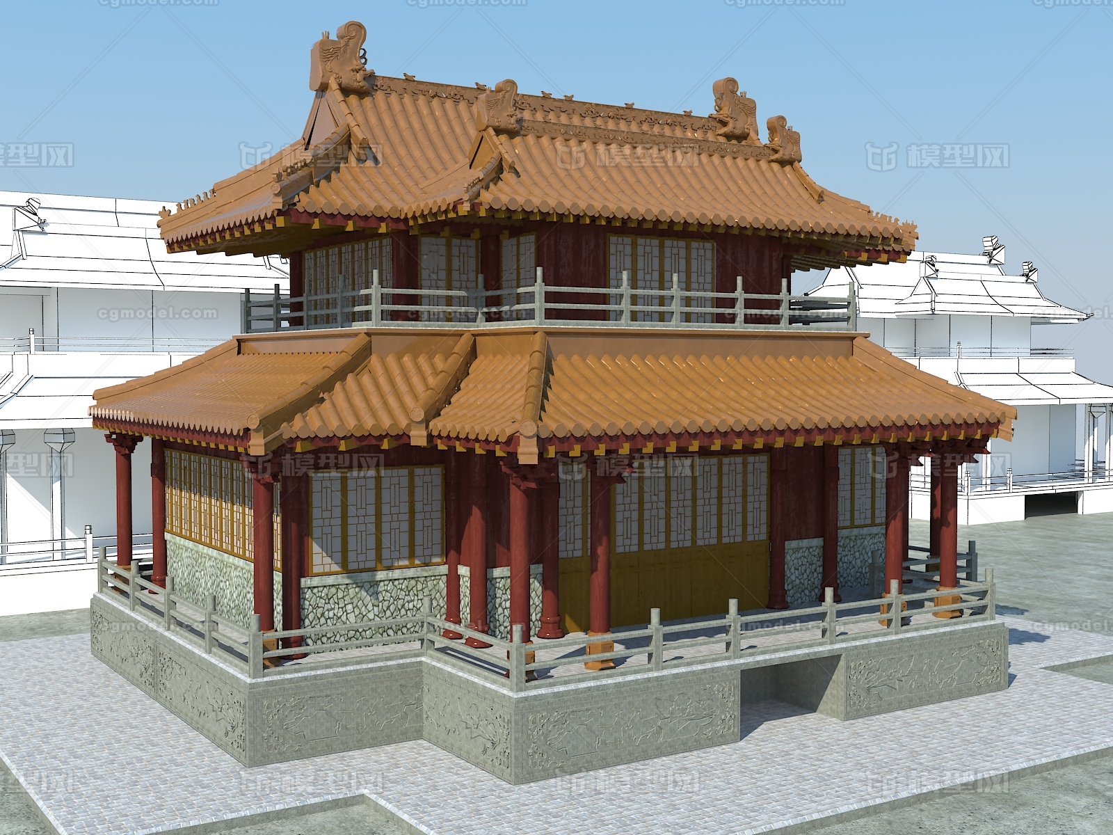 中式古建筑 高模低模组合可拓扑模型-历史建筑模型库-3ds Max(.max)模型下载-cg模型网