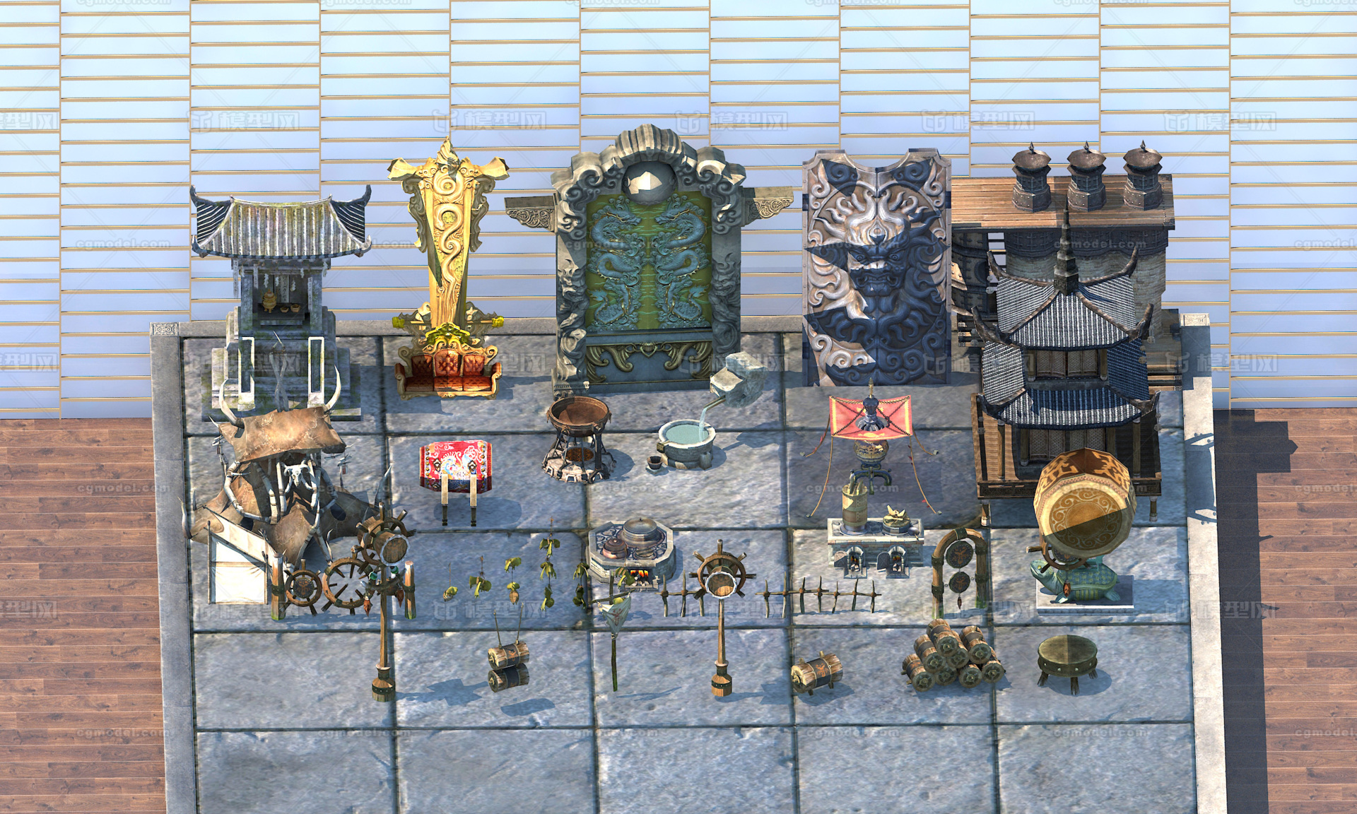 游戏场景素材   界碑   鼓   宝座   古建筑   摊布   石门   水井