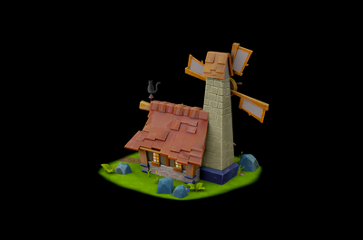 lowpoly低面南瓜屋 卡通房屋 风车屋 可爱 q版 村落屋 游戏场景 游戏