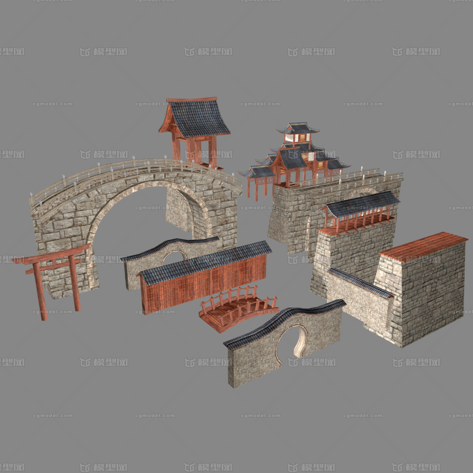古代场景部件 游戏场景部件 石桥 木桥 古代走廊 院墙 原模型-场景部件模型库-OBJ(.obj/.mtl)模型下载-cg模型网