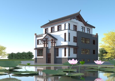 别墅 三层小房子 古建别墅 新中式别墅 _热带季风作品_建筑里程碑_cg