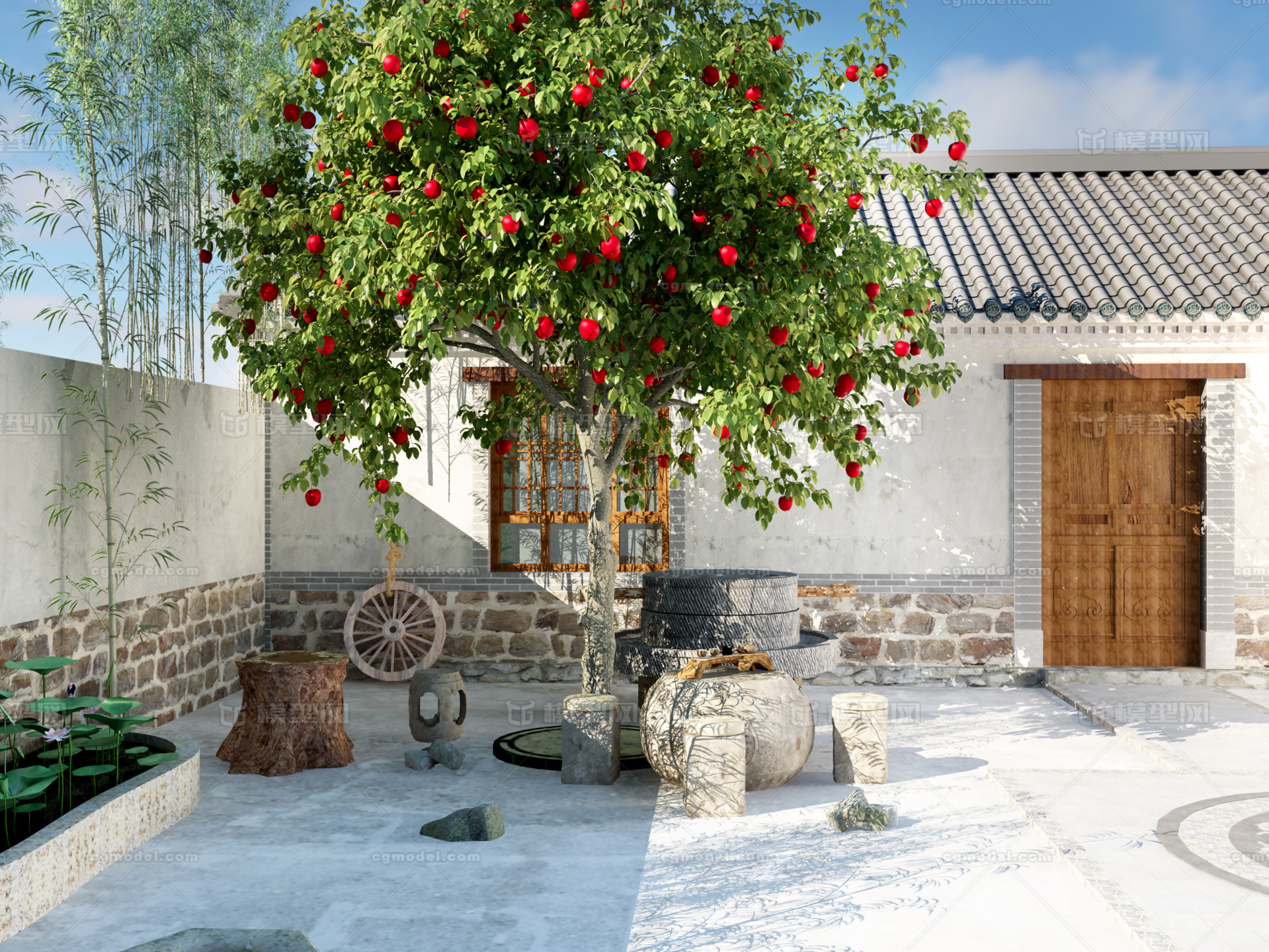 小院一角,果树,石磨,茶具