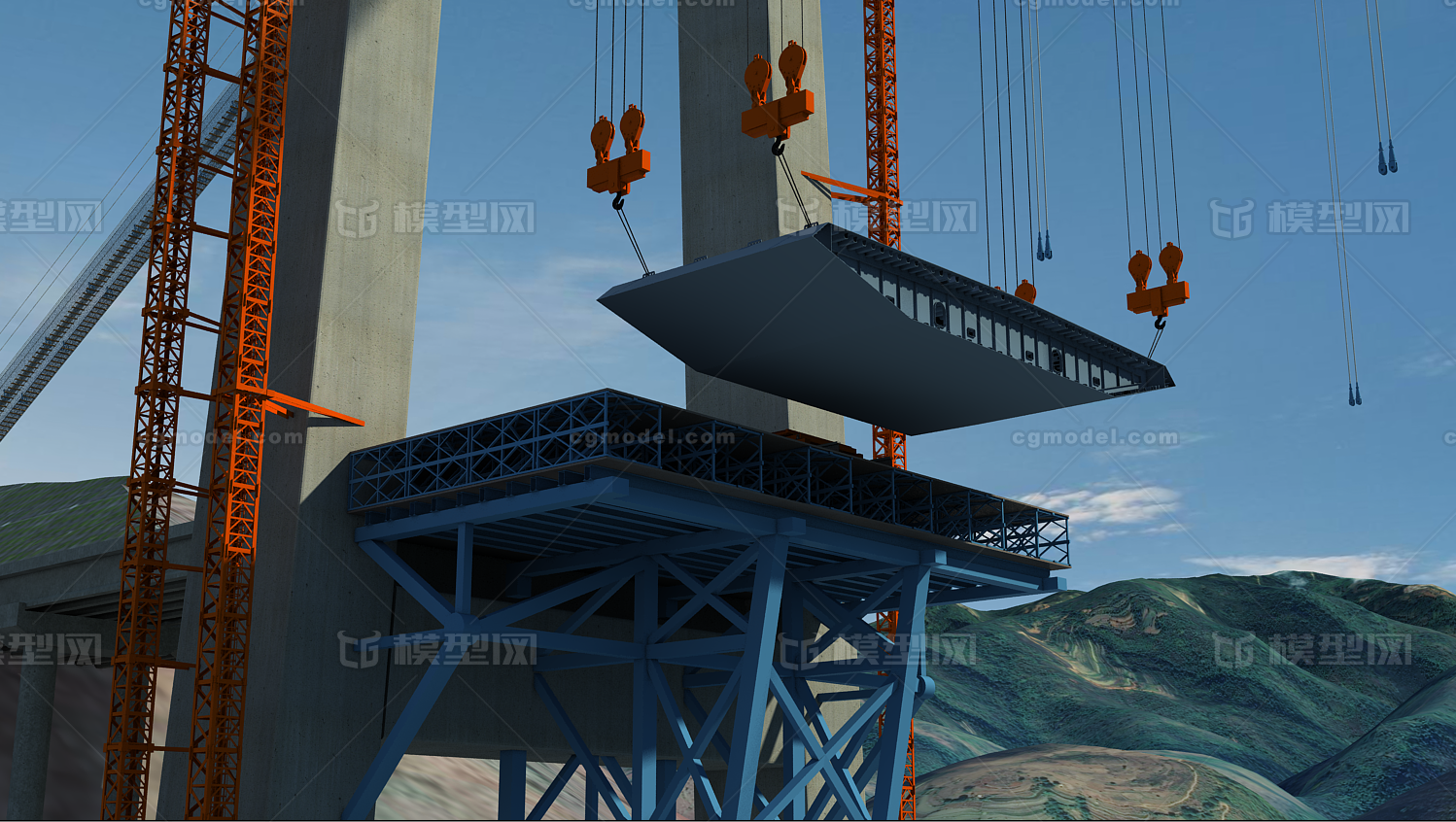 桥梁施工 悬索桥施工现场,桥梁主体吊装动画 声明:该资源由发布人:【a