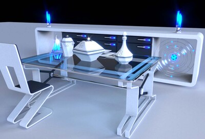 1,一组次世代科幻餐厅家具和餐具,未来,矮柜,厨柜,后现代灯具和科幻