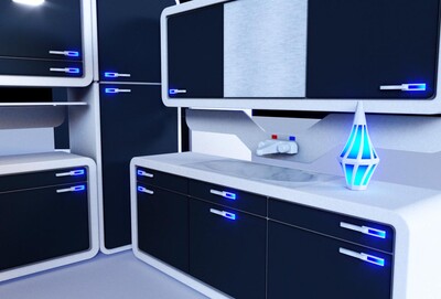 1,一组次世代科幻厨房和卫生间家具,未来厨卫,马桶,洗手间等,淋浴间