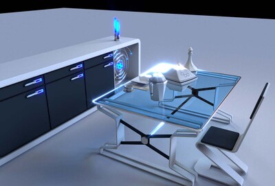 1,一组次世代科幻餐厅家具和餐具,未来,矮柜,厨柜,后现代灯具和科幻