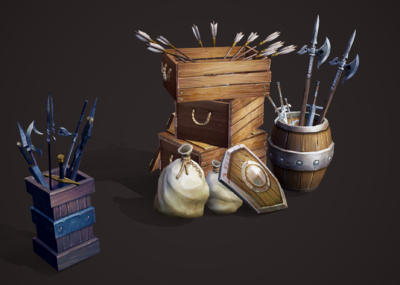 武器库 箱子 木箱 木桶 兵器 储物箱 箭矢 斧剑 武器 军营道具 储藏室