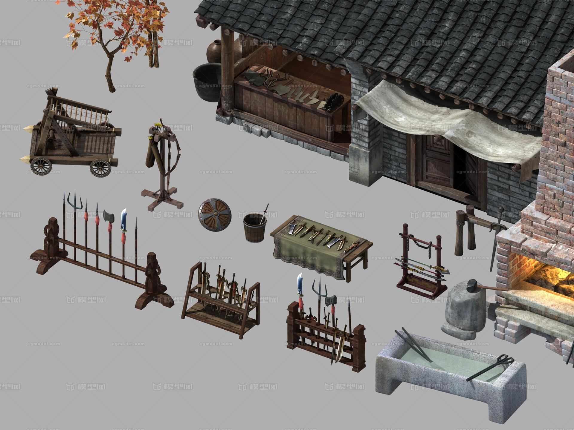 武器架,武器摊位,弓箭架,盾牌,刀车,古代打铁铺,古代兵器铺