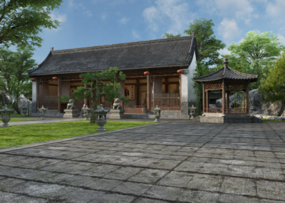 书院 私塾 古建筑 中式古建 中式庭院 精细凉亭 石狮子 石灯 假山石头