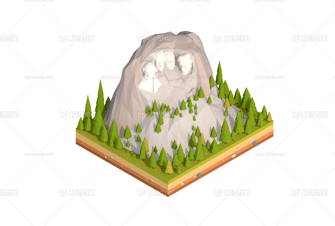 low poly卡通总统山模型 美国总统山等距模型 山地地形模型 著名场景