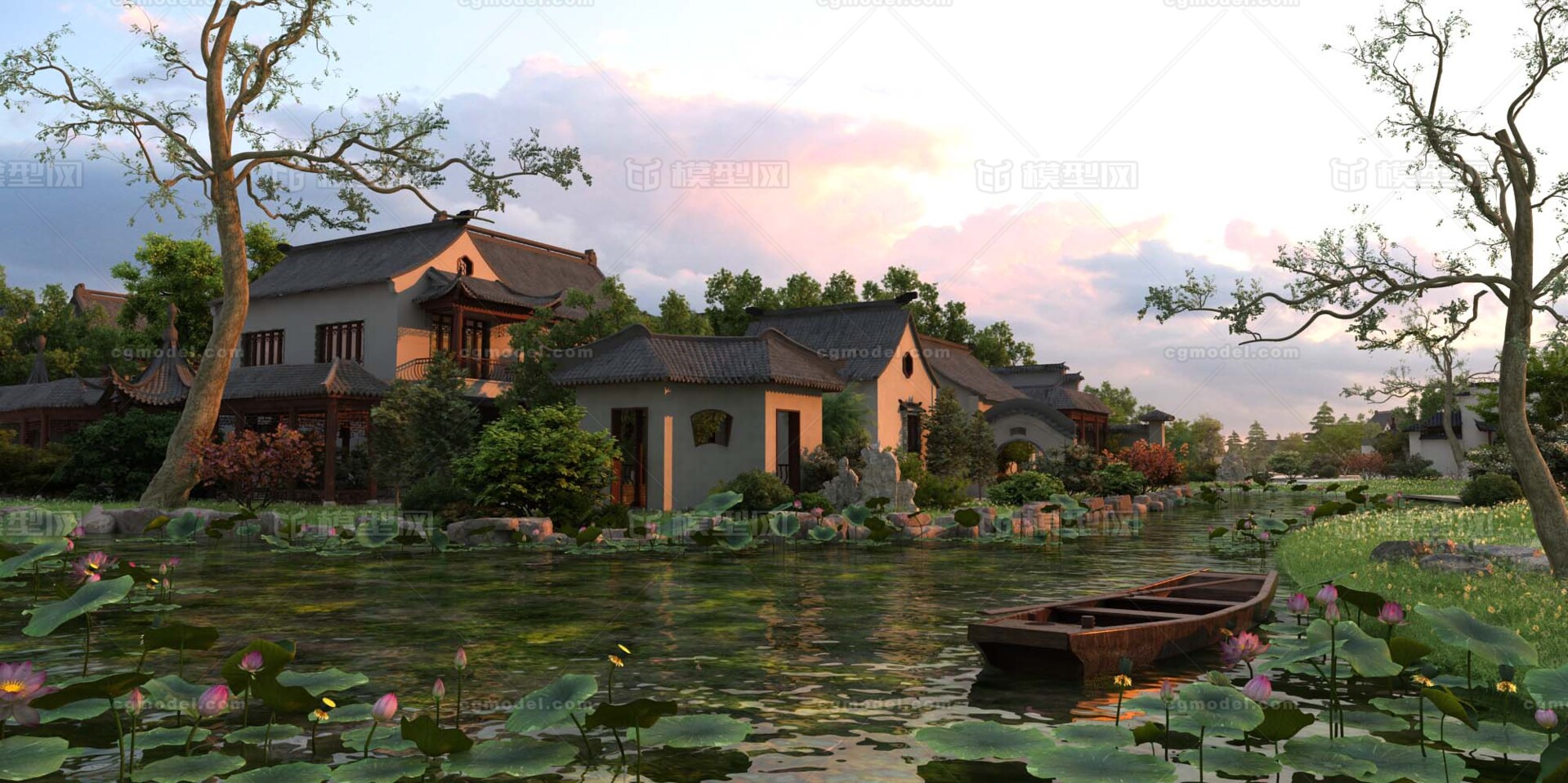 水系景观园林 住宅楼园林 池塘 生态湖 湖畔 人工湖 假山叠水 中式